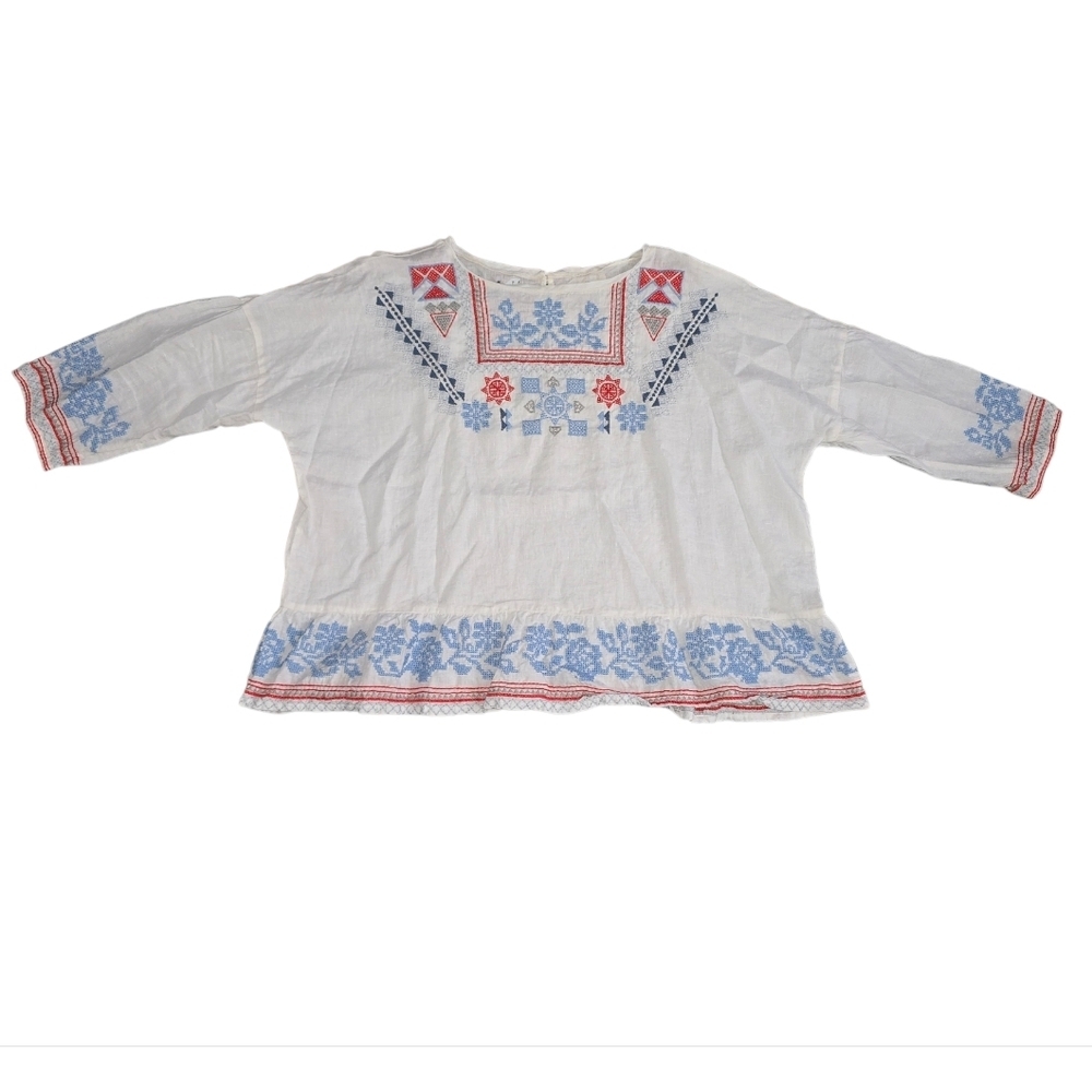 Johnny Was Mateo Linen White Blouse Top Blue & Coral Embroidery Size L - Picture 2 of 7